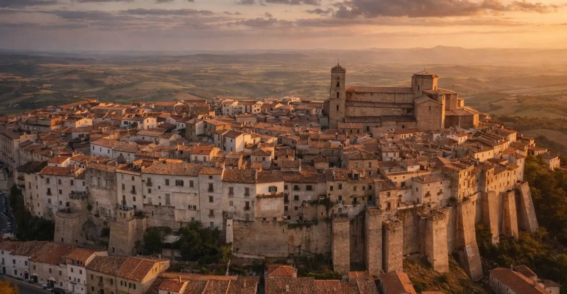 Acerenza al tramonto con la cattedrale e le colline lucane sullo sfondo