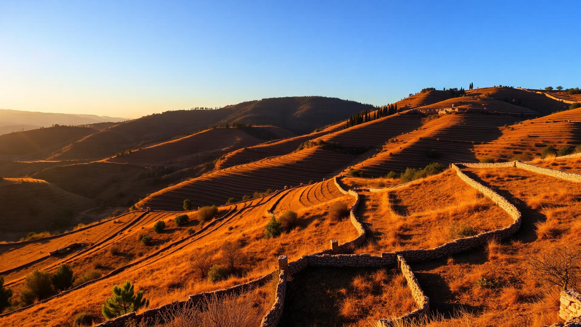 Terra arata al tramonto con filari di ulivi in Basilicata