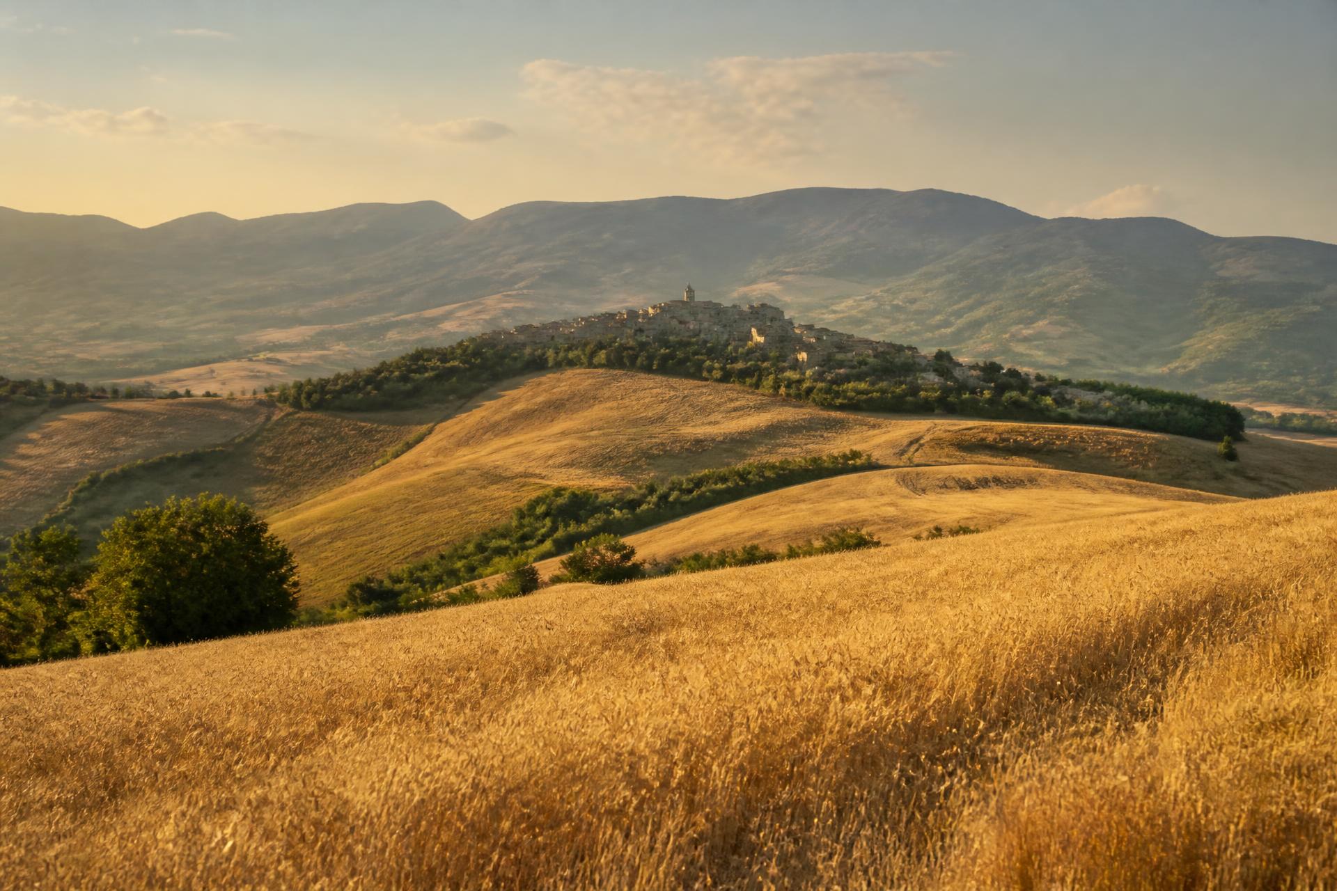 Paesaggio collinare della Basilicata con campi coltivati e un borgo in lontananza