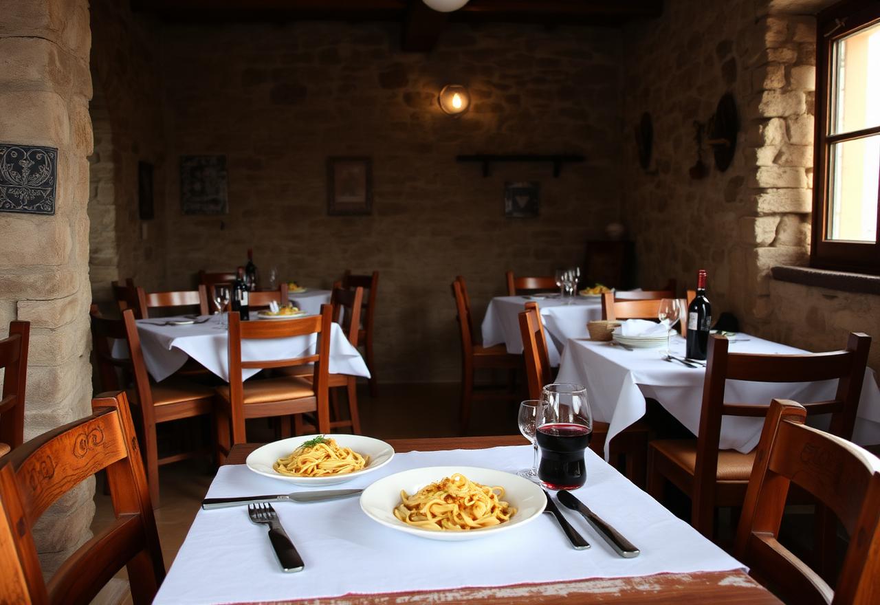 Sala di un'osteria lucana con tavoli in legno e piatti della tradizione